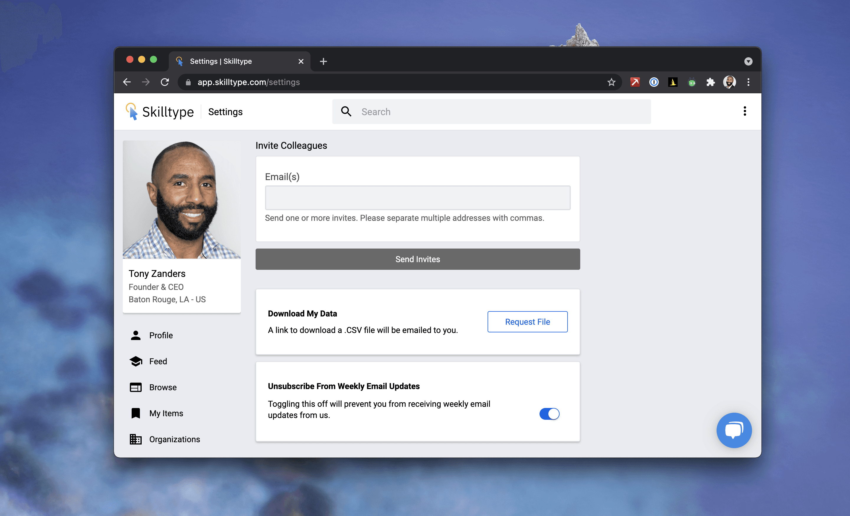 Skilltype platform settings view with advanced controls such as invite colleagues, download my data and unsubscribe from weekly email updates