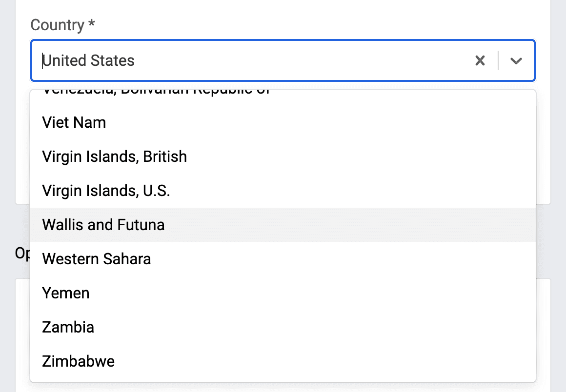 Skilltype platform country selection view when signing up