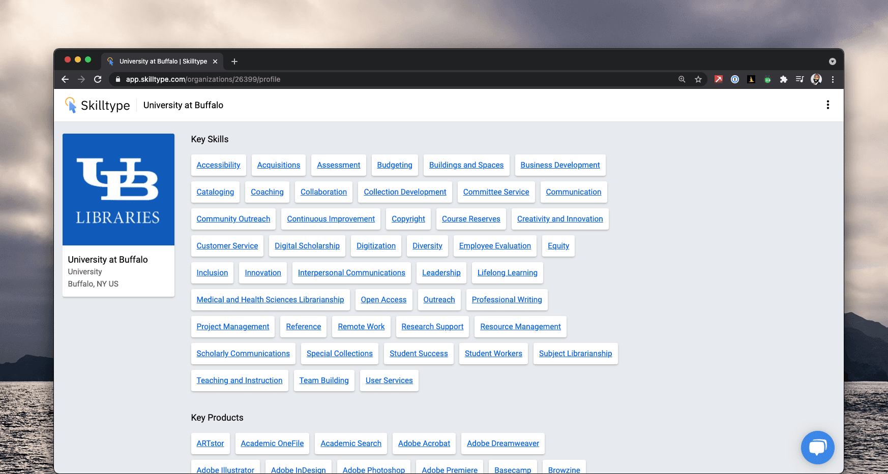 Key skills and key products for University at Buffalo data on Skilltype app