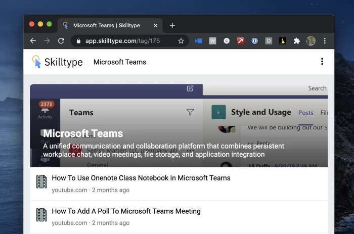 Microsoft Teams feed on Skilltype app
