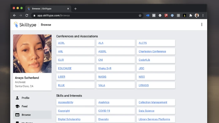Skilltype browse feature showing various library conferences, associations, skills and interests