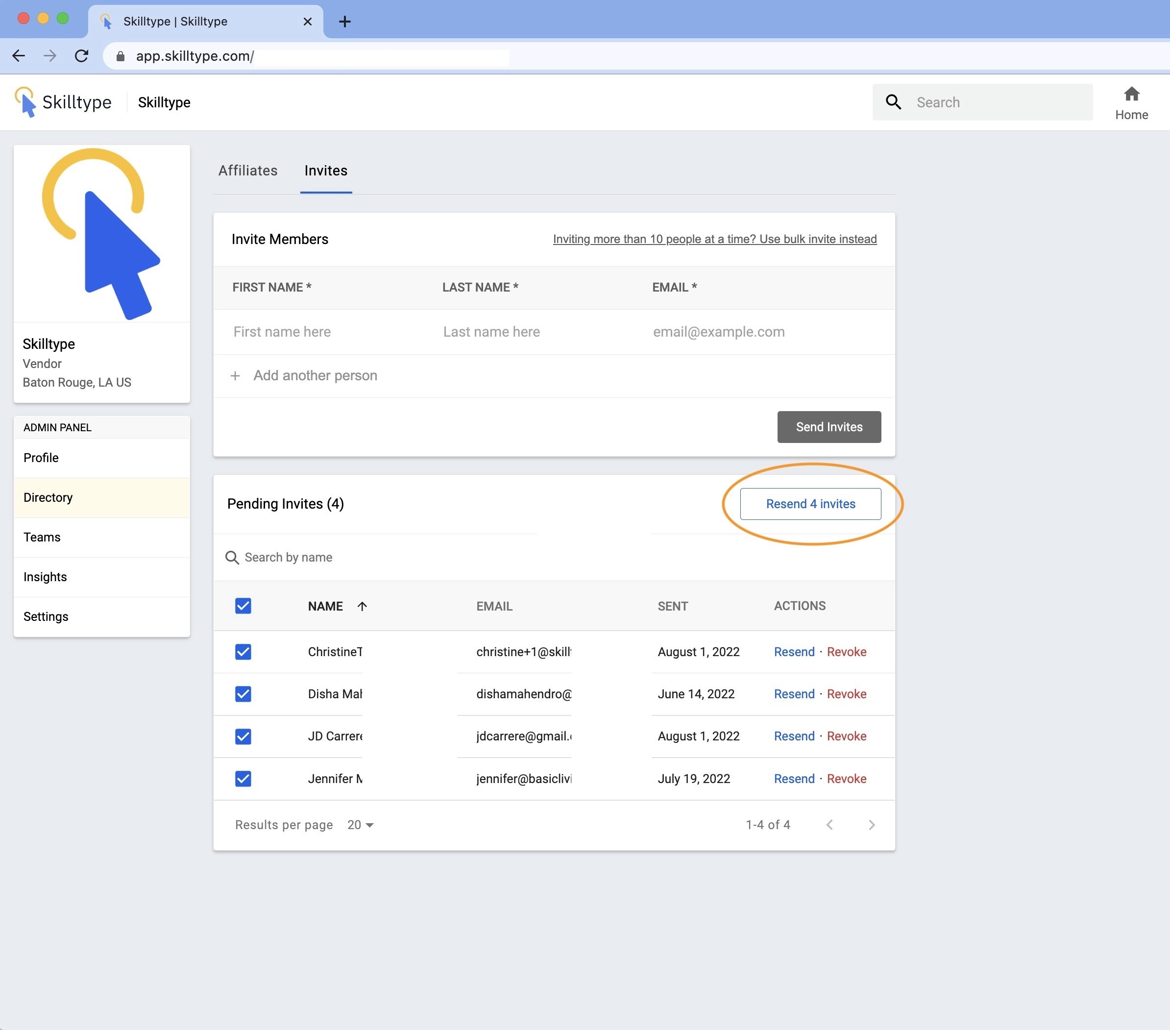 Screen view of Platform invitations