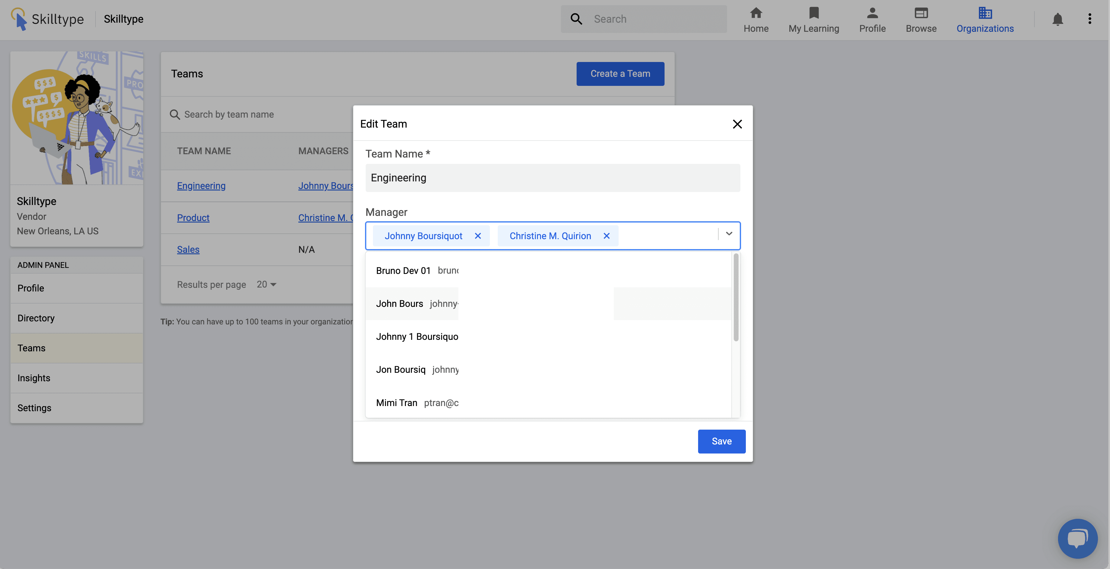 Edit team feature on Skilltype App