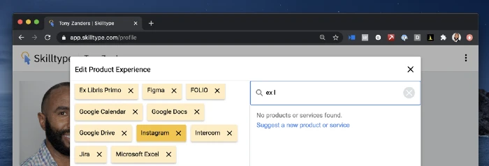 Skilltype app showing search screen with product experience tags